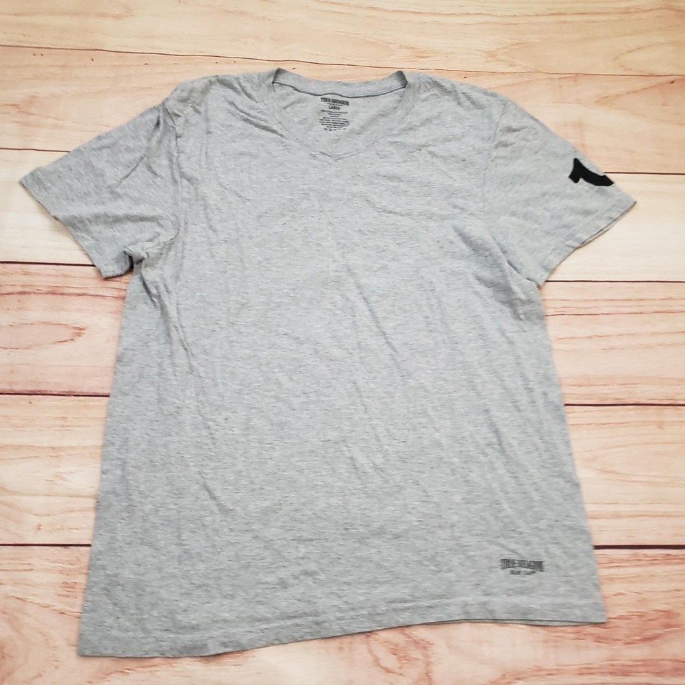 True Religion Shirt Mens Large Gray V Neck Horseshoe Logo Short‎ Sleeve Tee